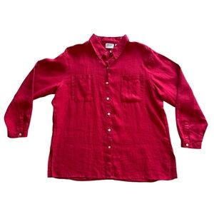 Chicos Design 100% linen long sleeve pearl button down red shirt size 3